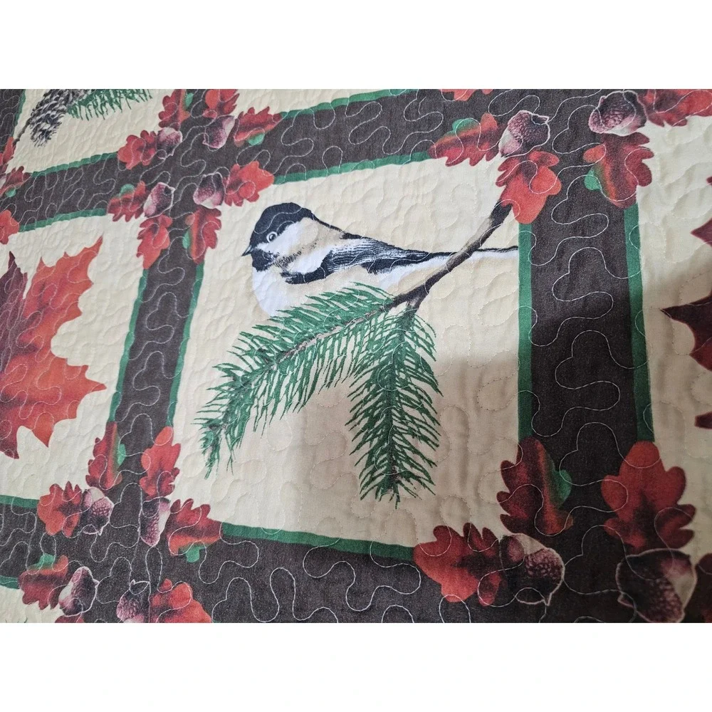 Rustic Chickadee Pinecone Reversible Quilt Set Red Plaid King 102x86 3pc Lodge